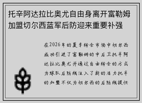 托辛阿达拉比奥尤自由身离开富勒姆加盟切尔西蓝军后防迎来重要补强