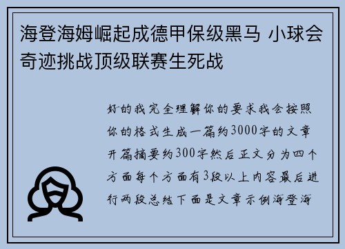 海登海姆崛起成德甲保级黑马 小球会奇迹挑战顶级联赛生死战 海登海姆崛起成德甲保级黑马 小球会奇迹挑战顶级联赛生死战